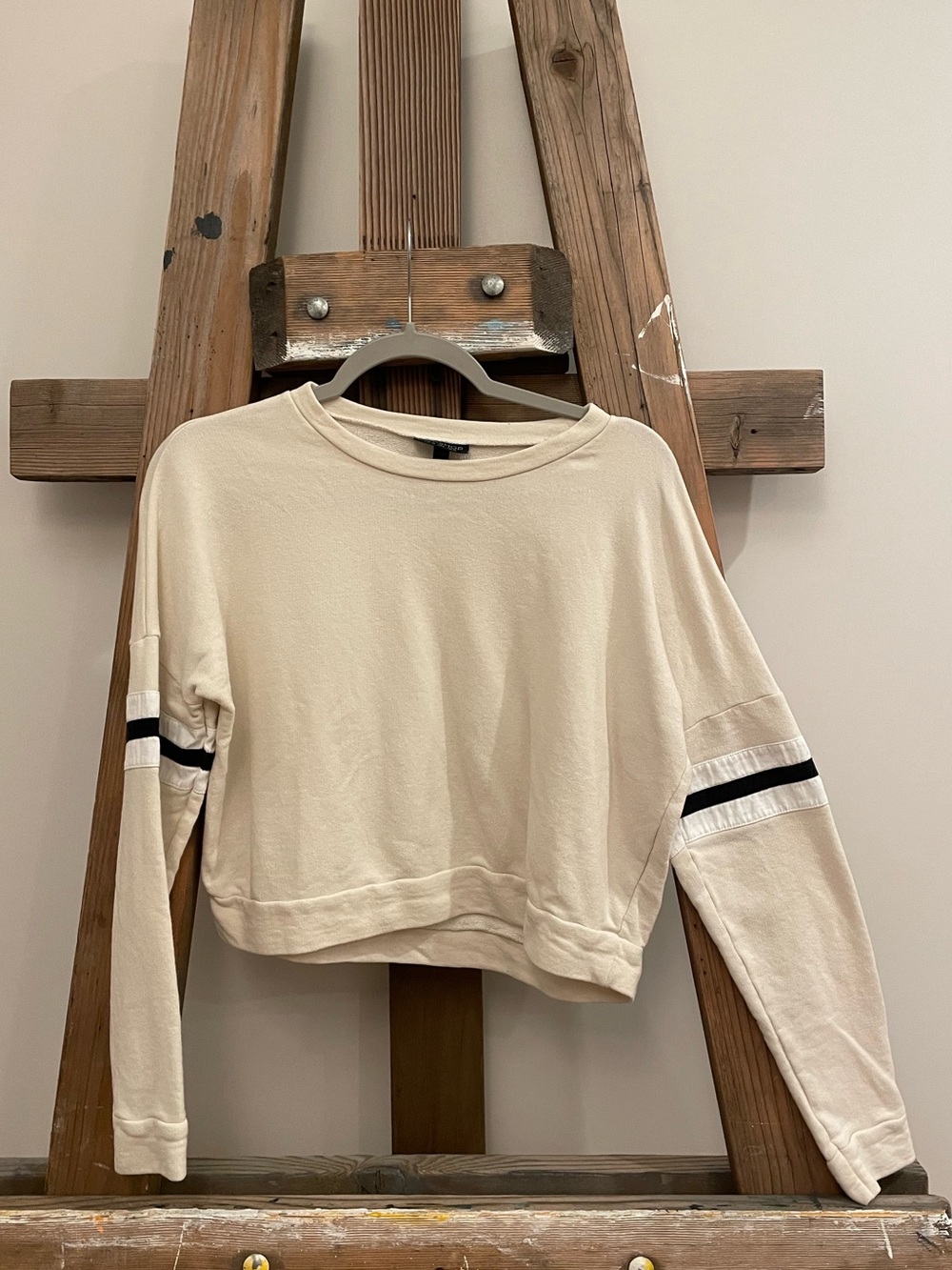 Topshop Cream Cropped Sweatshirt with Black Stripe Sleeves